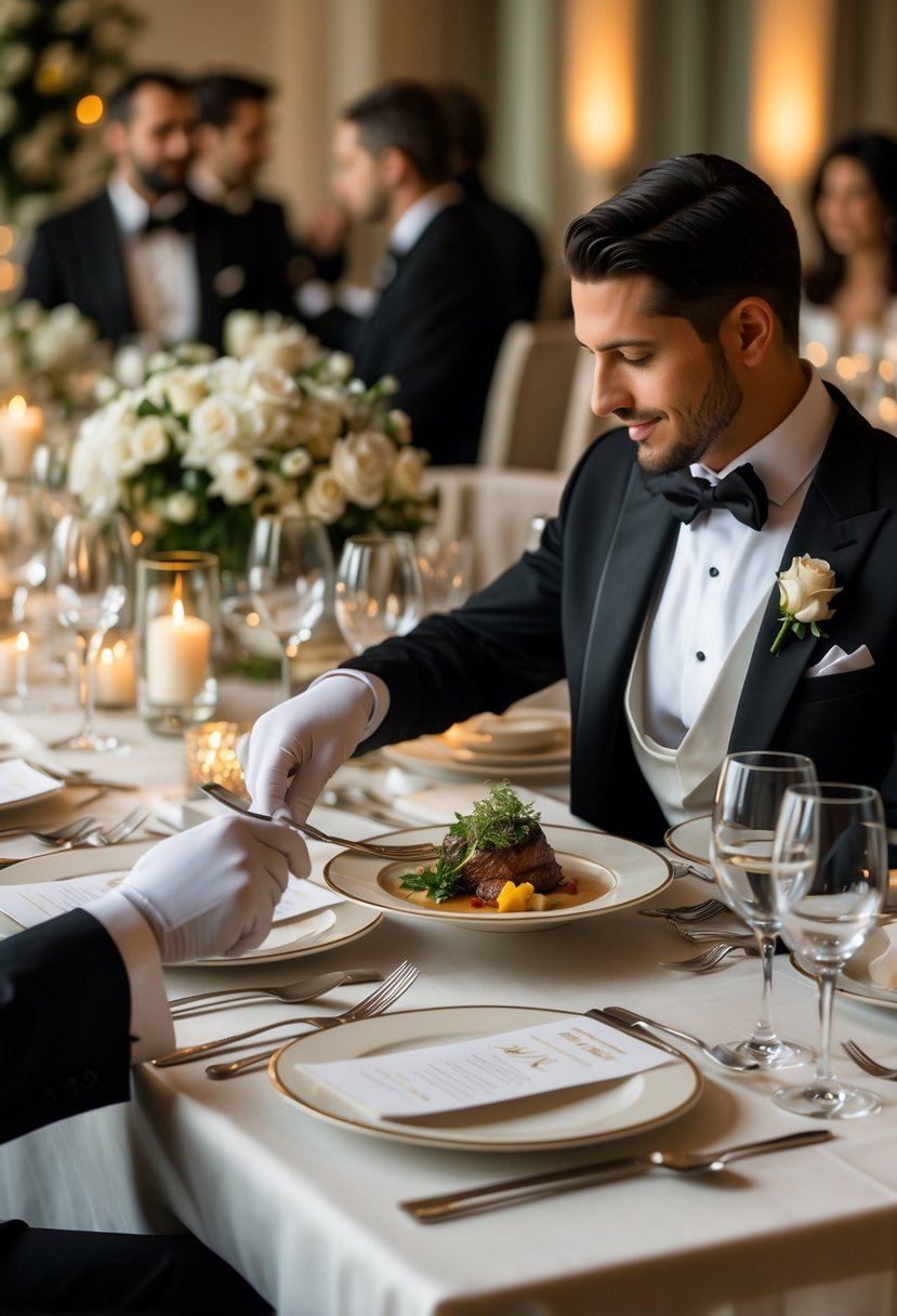 A waiter in white gloves serving a plated dish to a couple seated at an elegantly set dining table during a wedding rehearsal dinner.