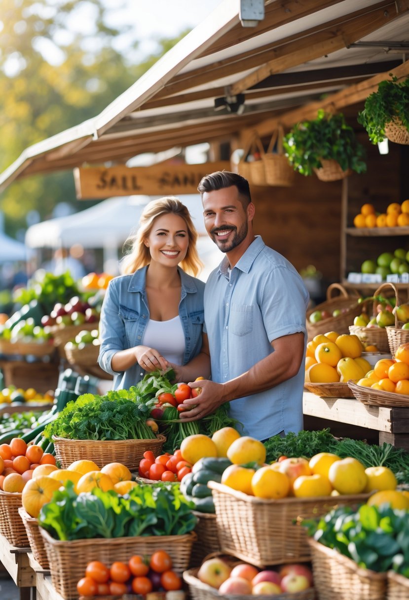 A couple happily selecting fresh fruits and vegetables at an outdoor farmer's market filled with colorful produce.