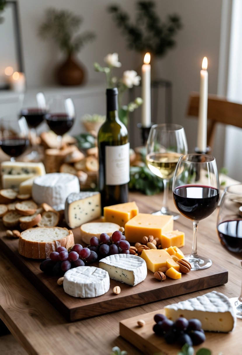 A home table set with assorted cheeses, grapes, nuts, bread, and glasses of red and white wine for a tasting event.
