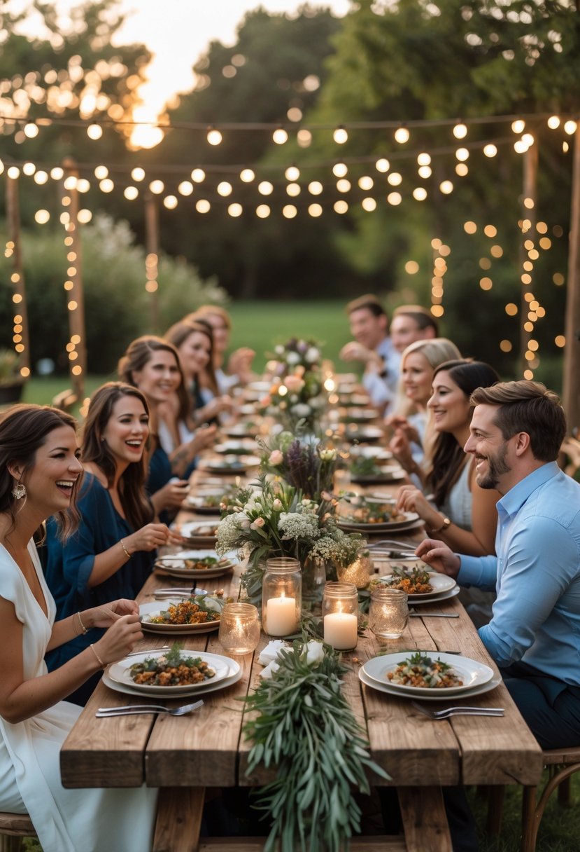 People enjoying a casual outdoor wedding rehearsal dinner around a decorated wooden table with flowers and string lights in a garden.