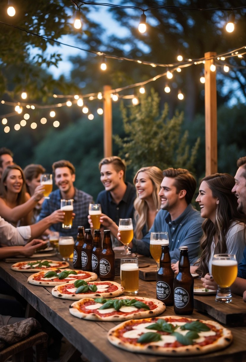 A group of people enjoying pizza and craft beer together around a wooden table outdoors in the evening.