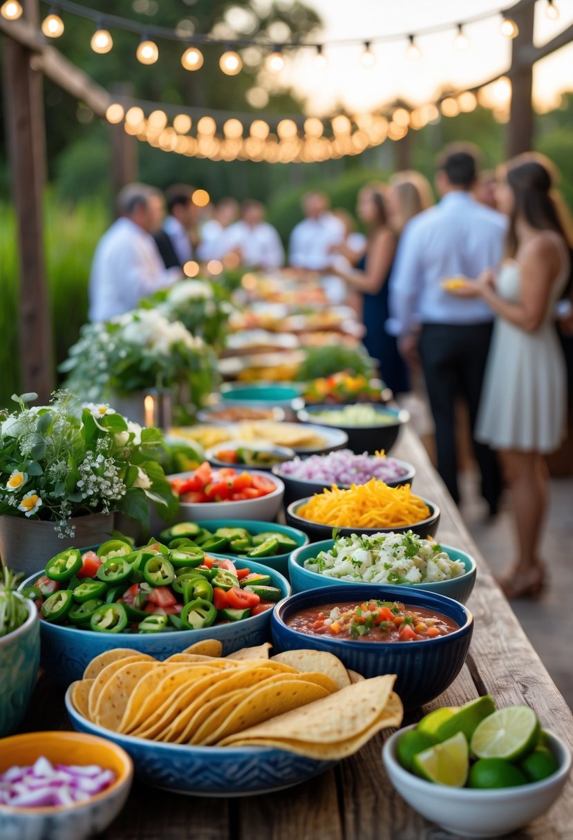 A taco bar with various fresh toppings and guests serving themselves at an outdoor casual wedding rehearsal dinner.