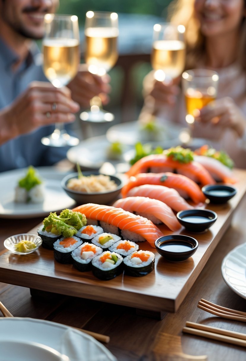 A sushi platter with assorted sushi rolls and nigiri on a wooden table, surrounded by plates and glasses, with people in the background enjoying a casual dinner.