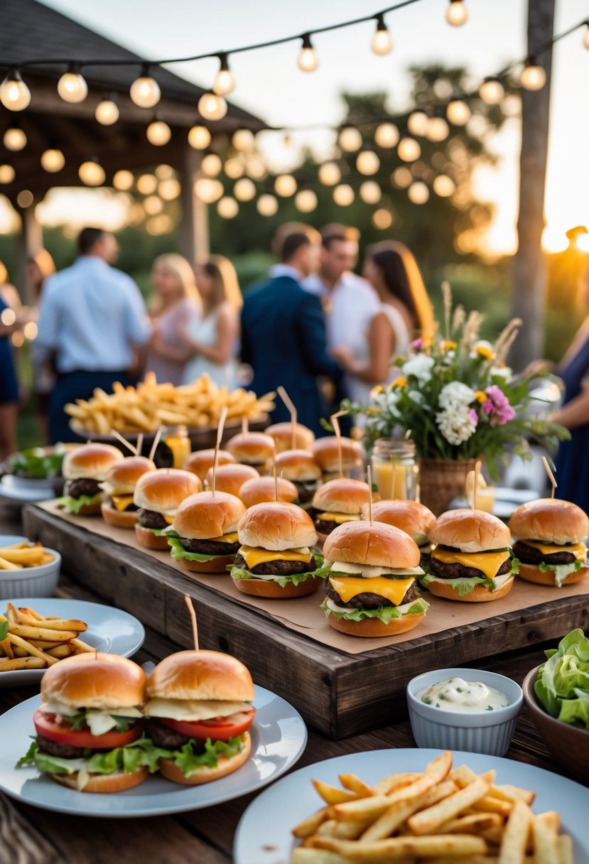 A buffet table with burgers, sliders, fries, and salads set outdoors for a casual wedding rehearsal dinner with guests mingling in the background.