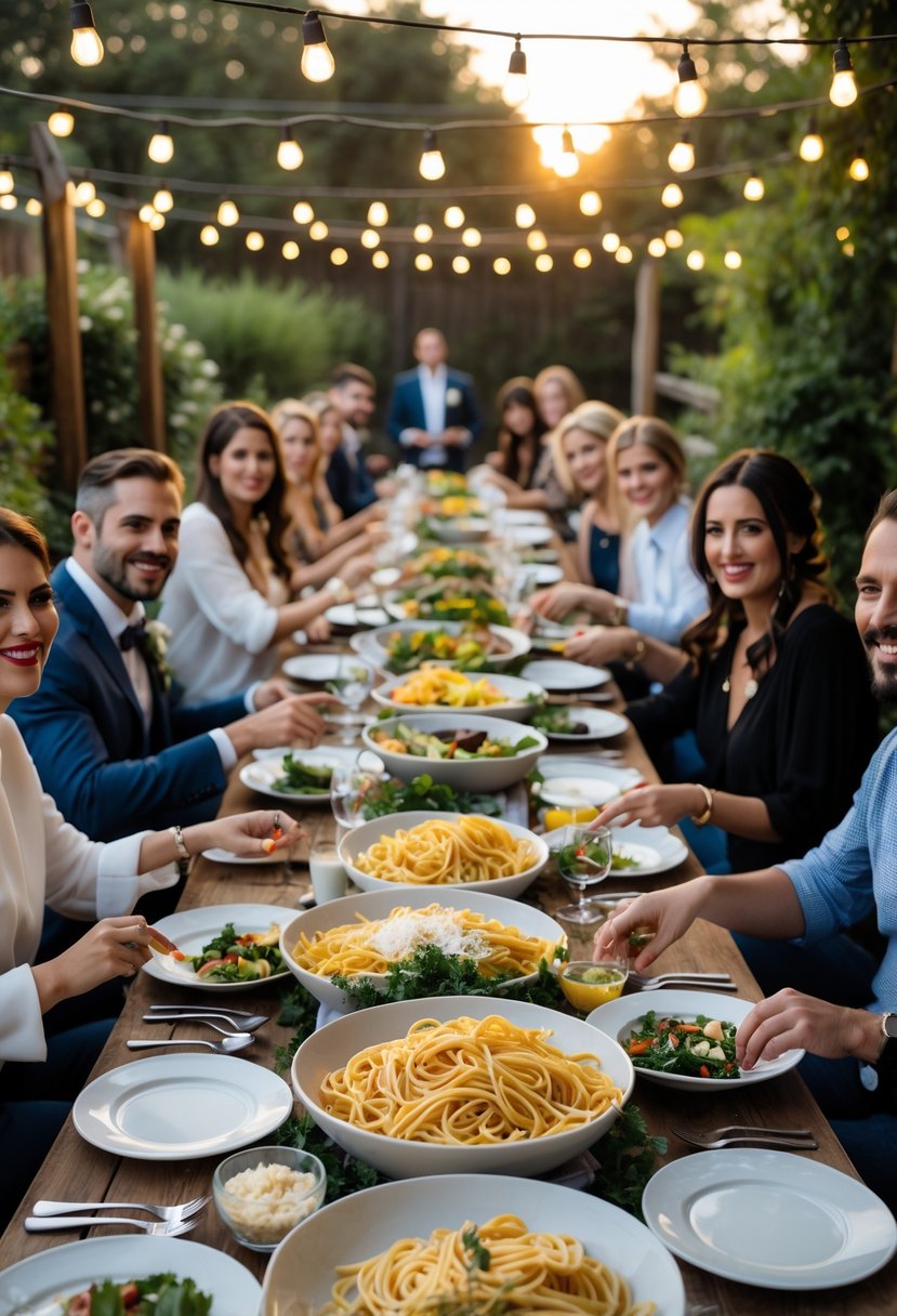 People gathered around a long wooden table outdoors, sharing a family-style pasta dinner at a casual wedding rehearsal event.
