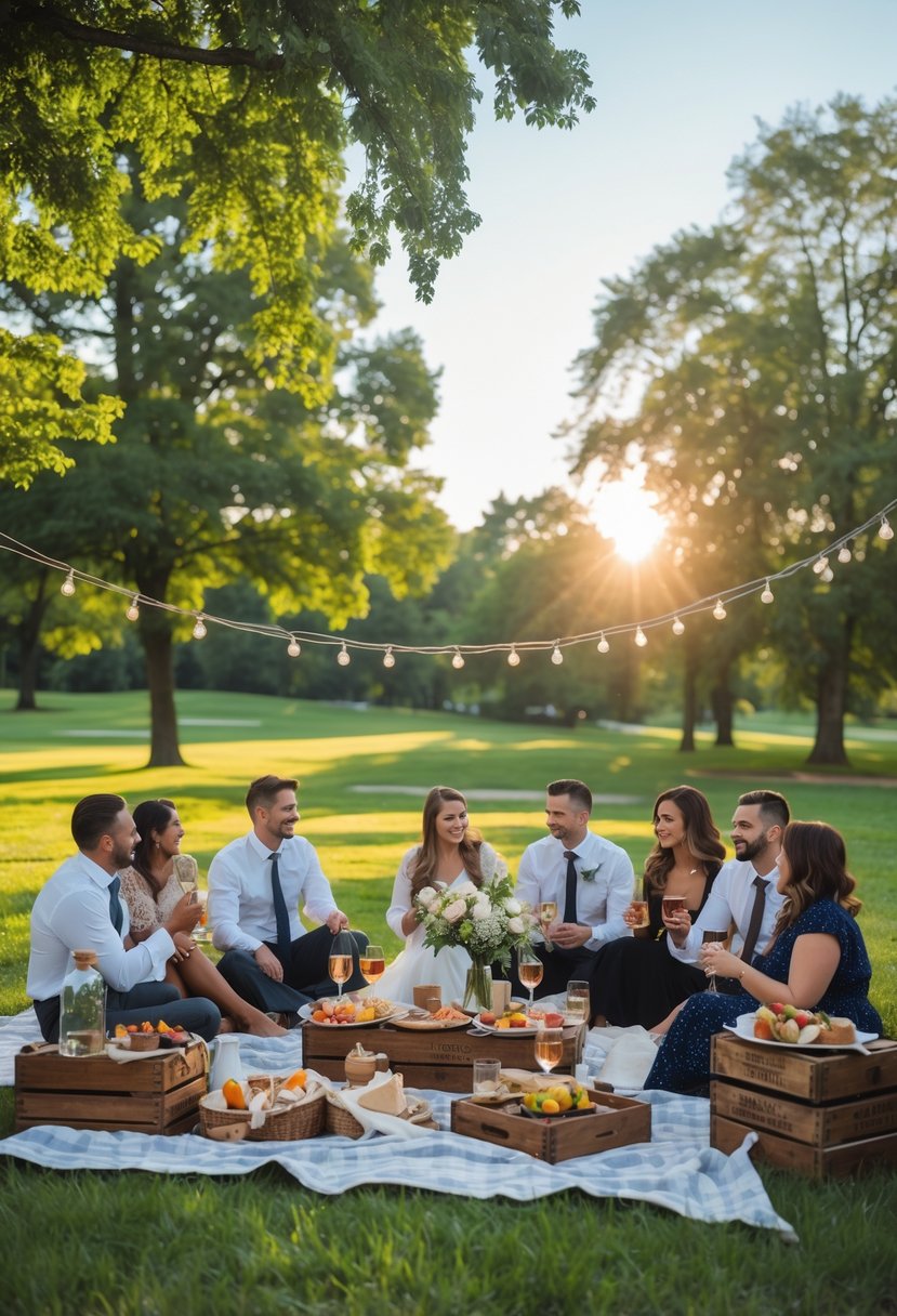 People enjoying a casual wedding rehearsal dinner picnic on a blanket in a green park surrounded by trees and soft sunlight.