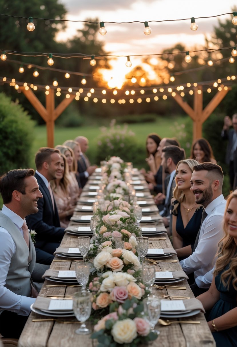 Guests enjoying a dinner at a long outdoor table decorated with flowers and lights during sunset.