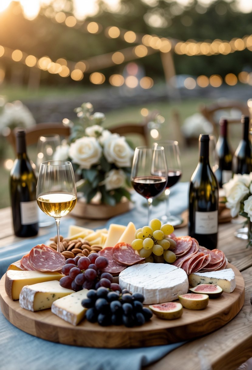 A charcuterie board with cheeses, meats, fruits, and bread next to wine glasses and bottles on a wooden table set outdoors with soft lighting and wedding decorations.