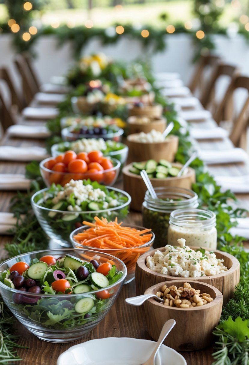 A salad bar with various fresh ingredients arranged on a wooden table decorated for a casual wedding rehearsal dinner.