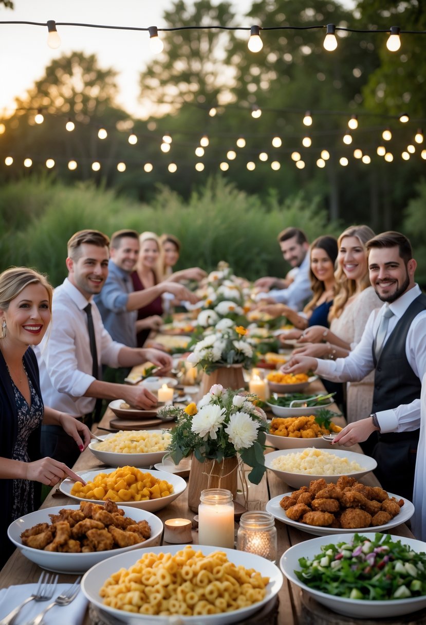 People enjoying a casual outdoor wedding rehearsal dinner with a table full of comfort foods and warm decorations.