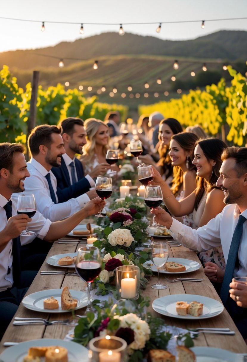 People enjoying a wine tasting evening at a vineyard with a long outdoor table set for a dinner surrounded by grapevines.