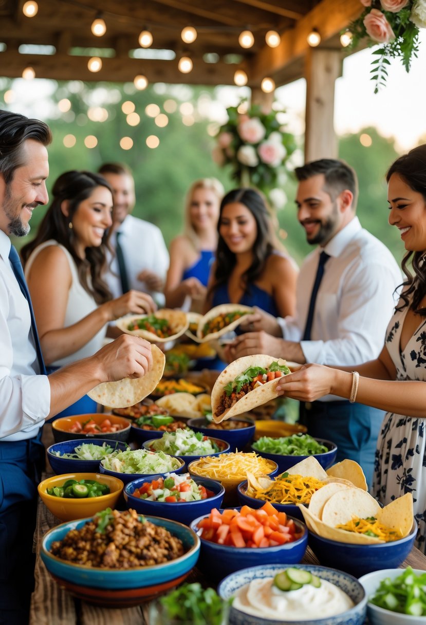 Guests assembling tacos at a casual wedding rehearsal dinner with a table full of fresh taco ingredients and warm lighting.
