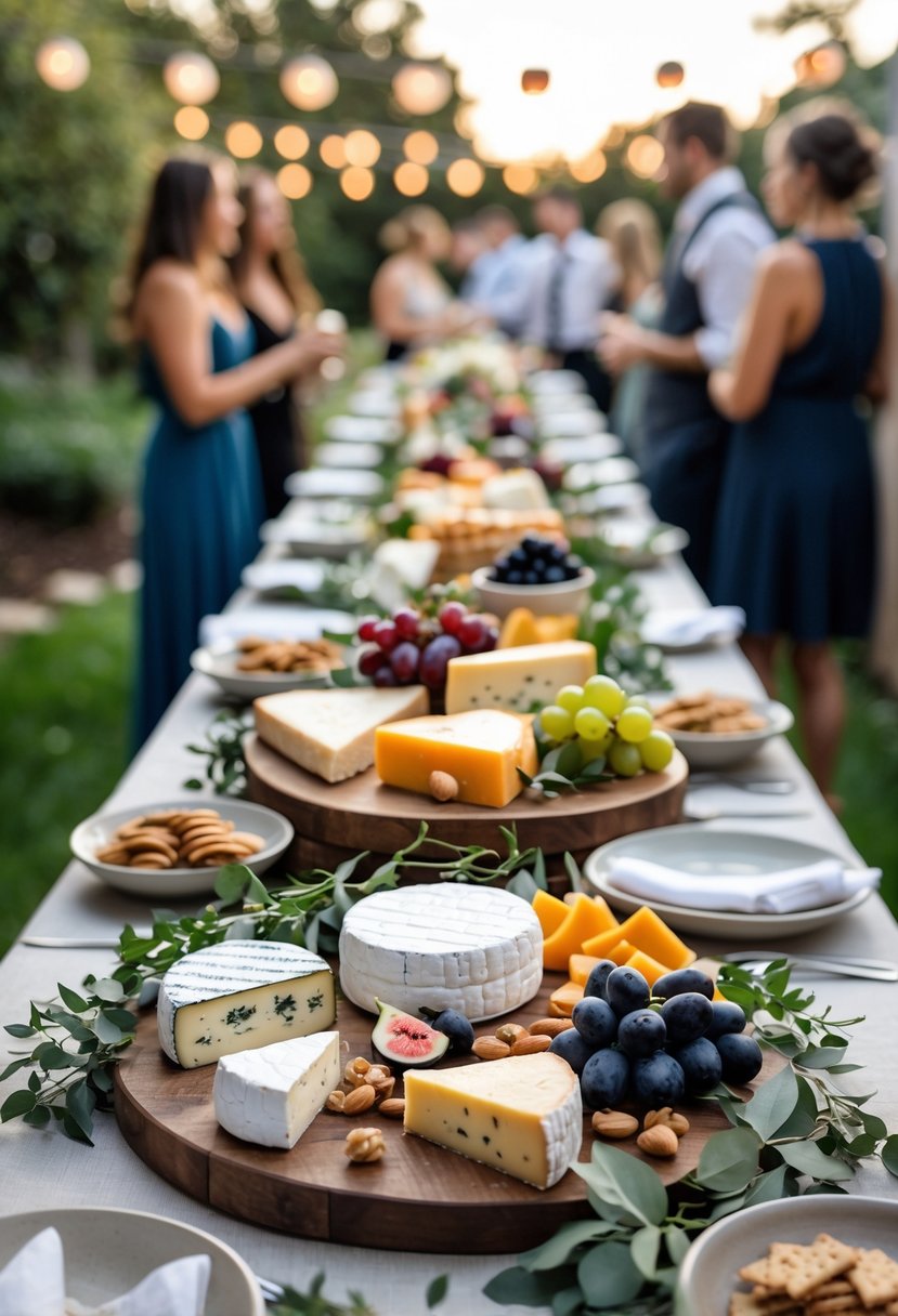 A grazing table with assorted cheeses, fresh fruits, nuts, and crackers set outdoors for a casual wedding rehearsal dinner.
