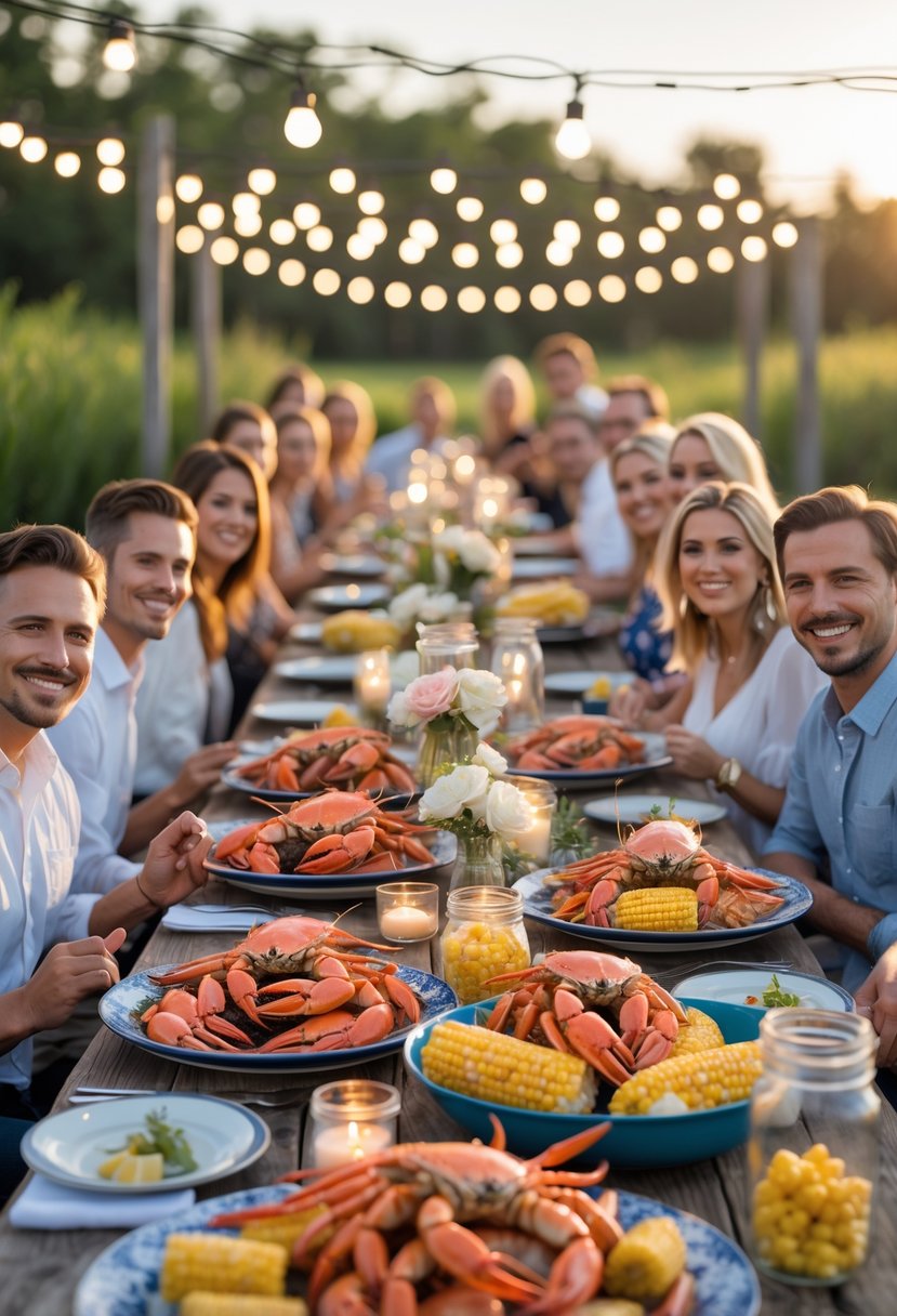 Guests enjoying a casual outdoor seafood boil dinner at a wedding rehearsal with a rustic wooden table full of seafood and festive decorations.
