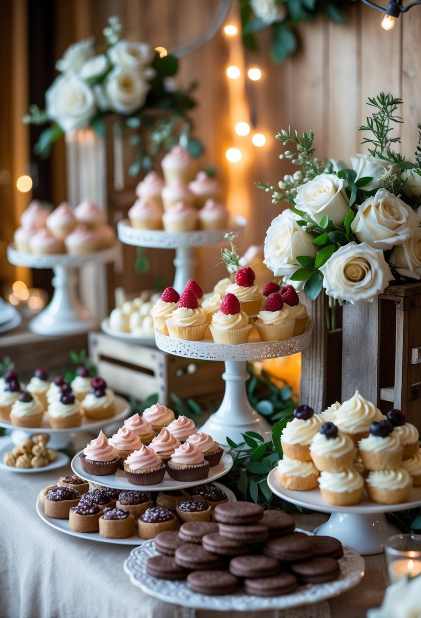 A dessert bar featuring a variety of sweets such as cupcakes, macarons, tarts, truffles, and cookies arranged on a table with floral decorations.