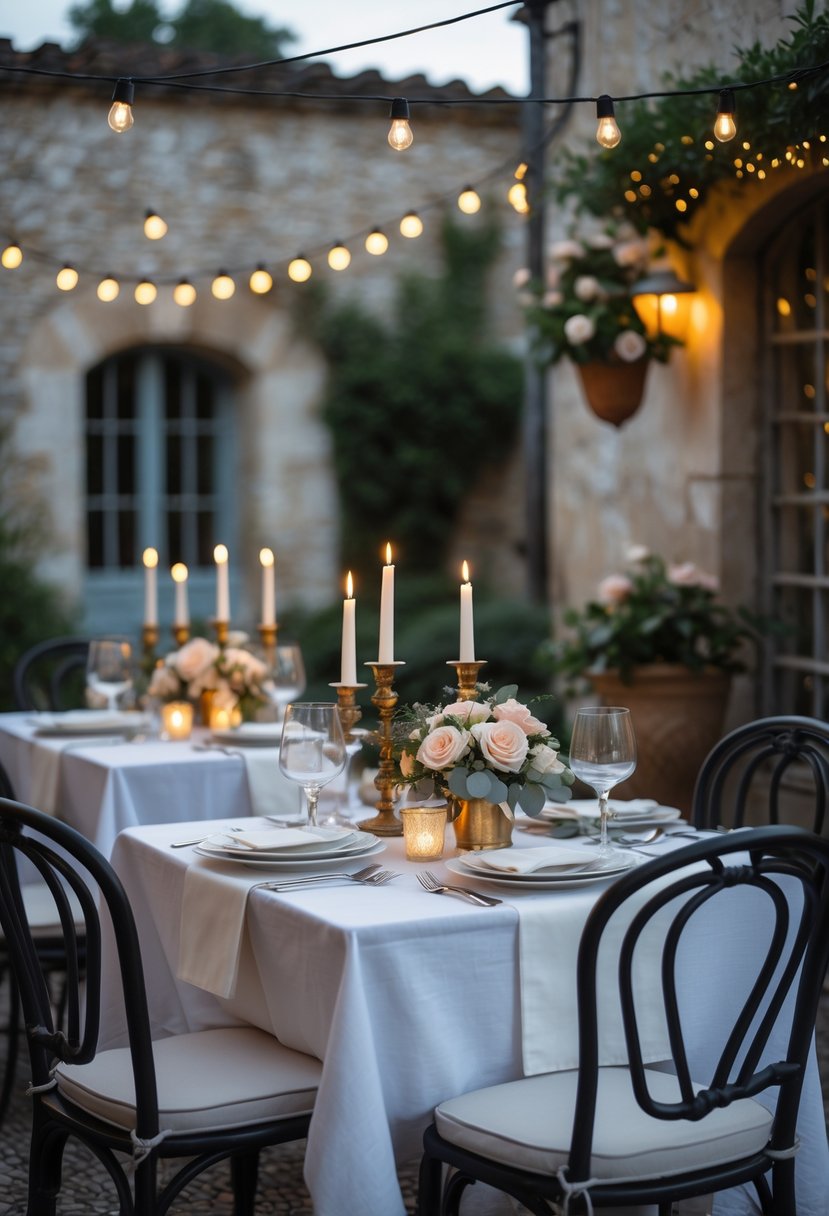 An intimate outdoor bistro table set for two with white tablecloth, candles, flowers, and wine glasses, surrounded by charming stone walls and string lights.