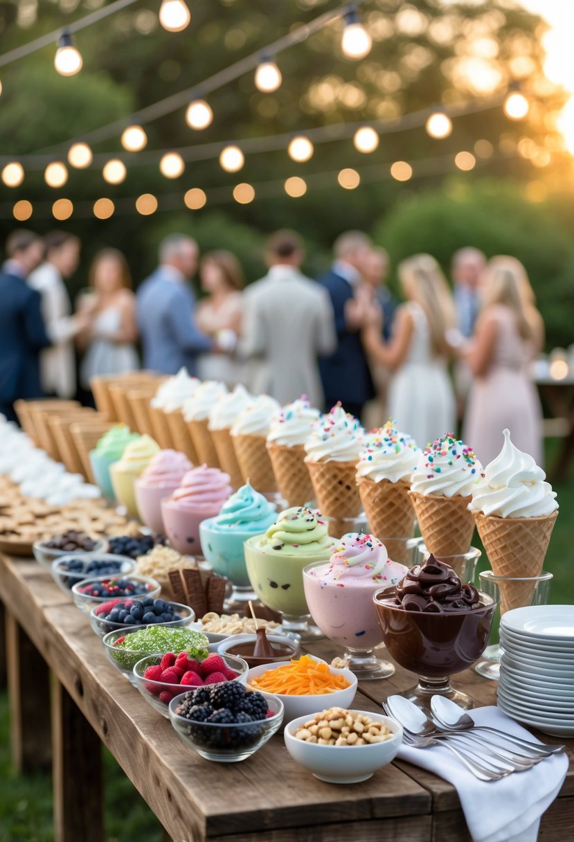 An outdoor ice cream sundae bar with various ice cream flavors, toppings, cones, and spoons arranged on a wooden table with string lights overhead and people in the background.