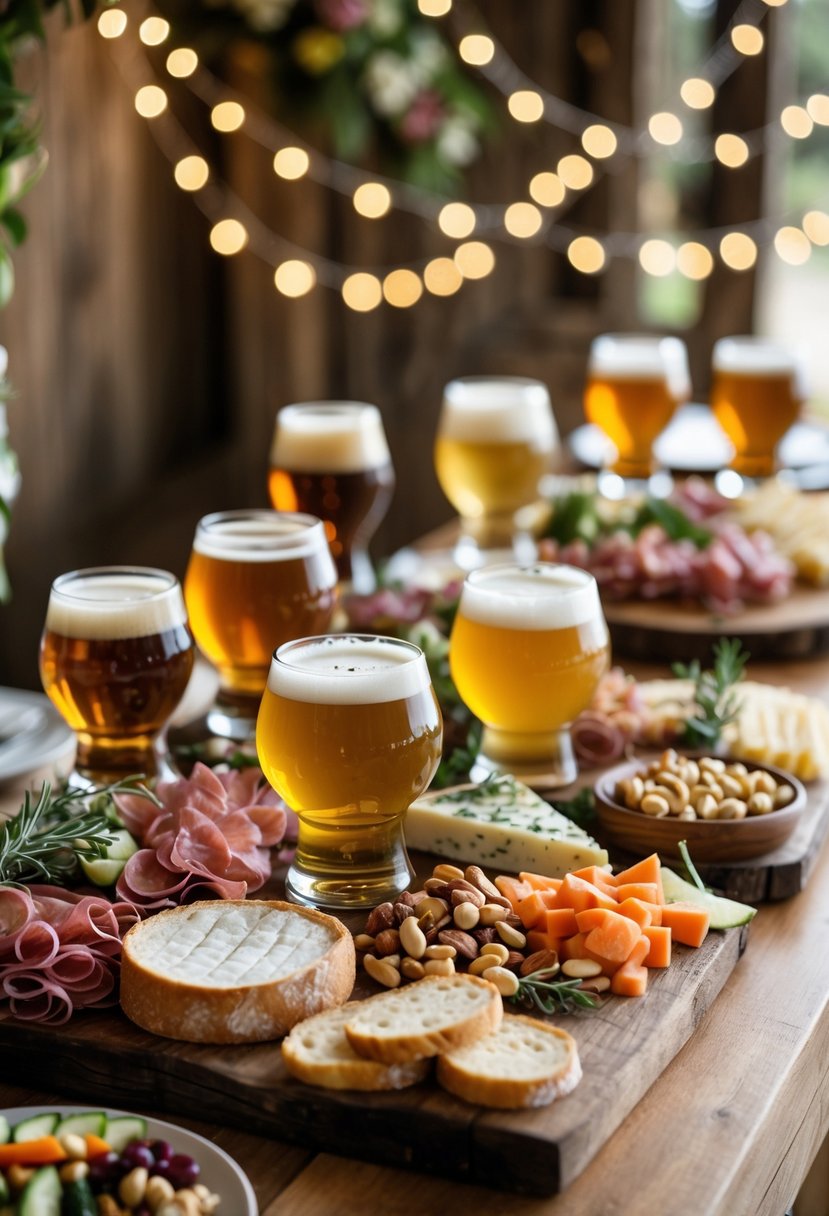 A wooden table set with various craft beers and casual snacks like cheese, meats, nuts, and vegetables, decorated for a casual wedding rehearsal dinner.