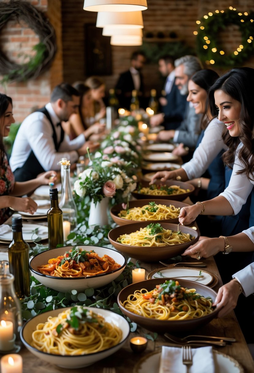 Guests enjoying a dinner with various pasta dishes served at a communal buffet in a warmly lit restaurant setting.