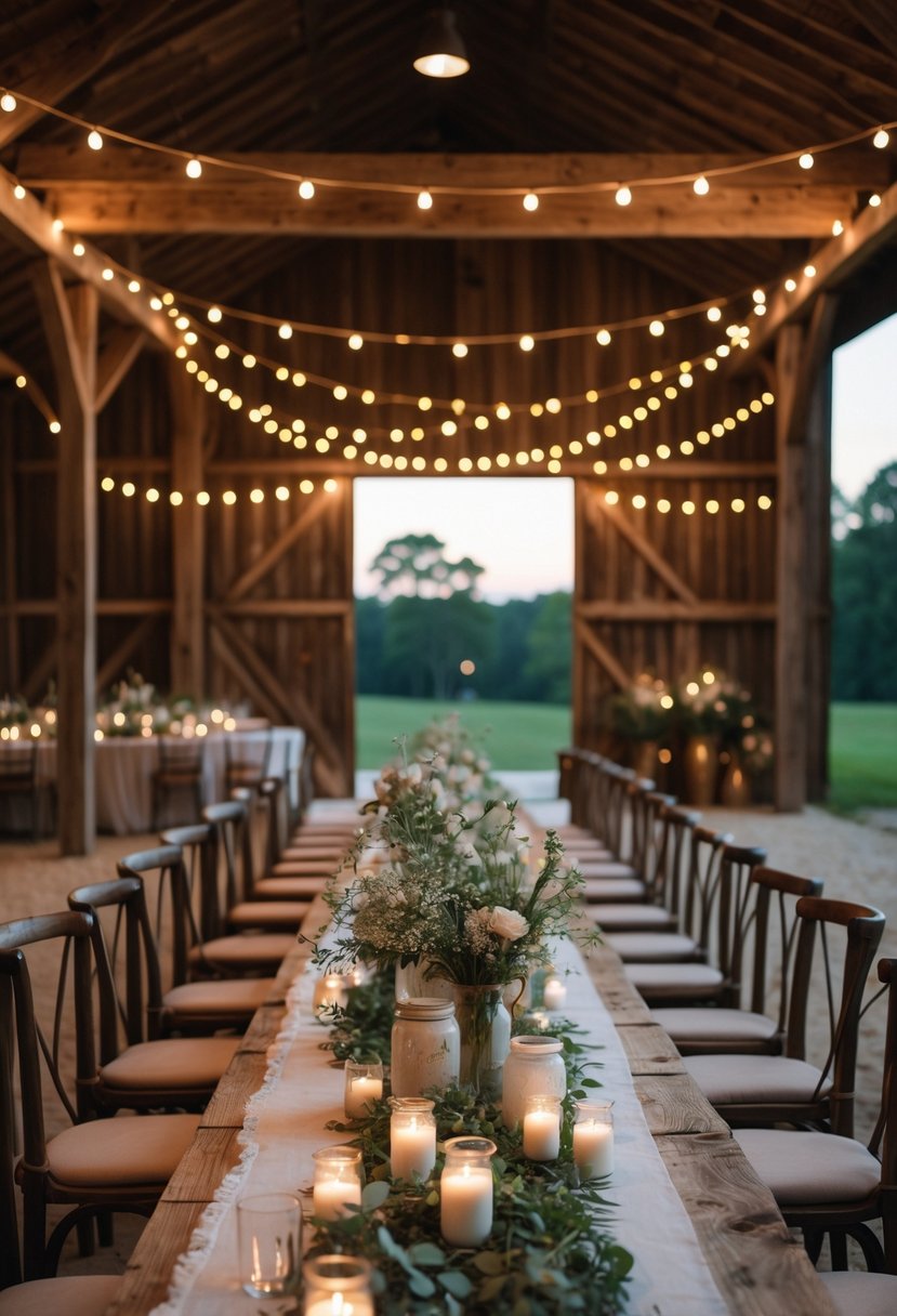 A rustic barn interior set up for a romantic wedding rehearsal dinner with a long wooden table, string lights overhead, candles, and floral decorations.