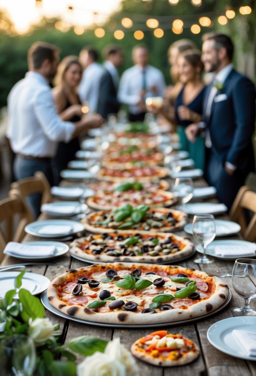 A table with assorted pizzas and guests enjoying a casual wedding rehearsal dinner gathering.