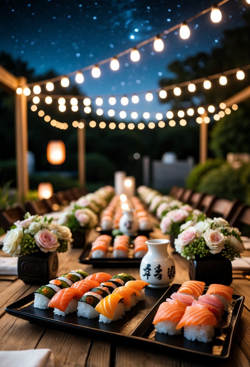 An outdoor dinner table set with sushi and sake under a starry night sky, surrounded by flowers and soft lights.