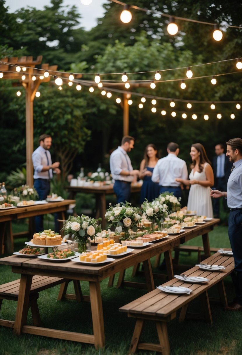 Guests enjoying a relaxed outdoor garden party with finger foods during a casual wedding rehearsal dinner.