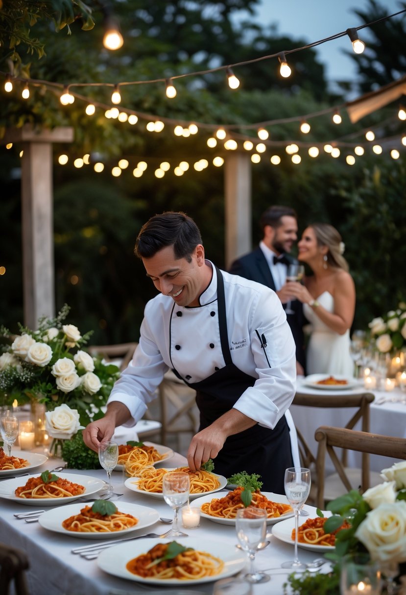 A private chef serving Italian pasta at a romantic outdoor wedding rehearsal dinner with a couple smiling and toasting at a beautifully decorated table.