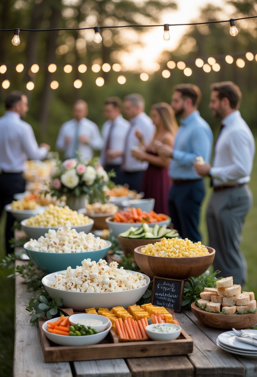 A table with popcorn, finger foods, and floral decorations at an outdoor wedding rehearsal dinner.