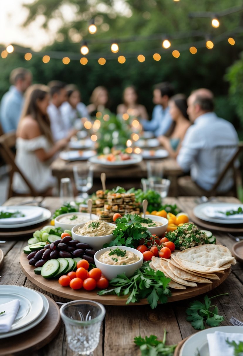 A Mediterranean mezze platter with various appetizers on a wooden table at a casual outdoor dinner with people and string lights in the background.