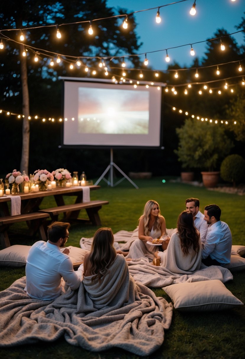 People sitting on blankets outdoors at night, watching a movie on a large screen with string lights and candles around.