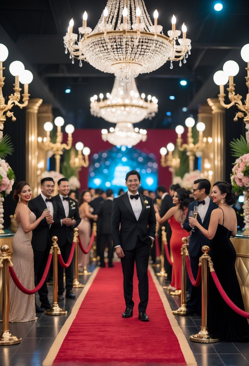 Guests in formal attire gather and socialize near a red carpet entrance decorated with flowers and elegant lighting at a wedding rehearsal dinner.