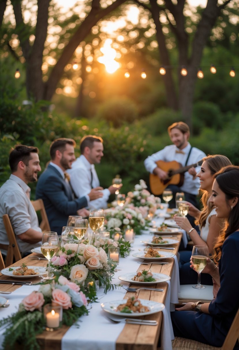 Guests enjoying a romantic outdoor wedding rehearsal dinner with a musician playing an acoustic guitar in the background.