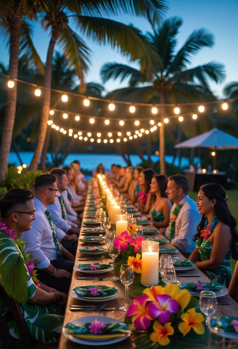 A tropical outdoor dinner table with floral decorations and tiki torches lit around it, surrounded by palm trees and guests seated for a celebration.