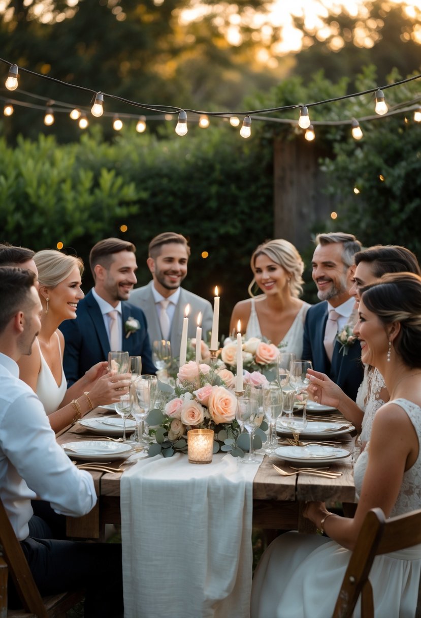 A small group of people enjoying an outdoor wedding rehearsal dinner around a decorated table with flowers and candles during sunset.