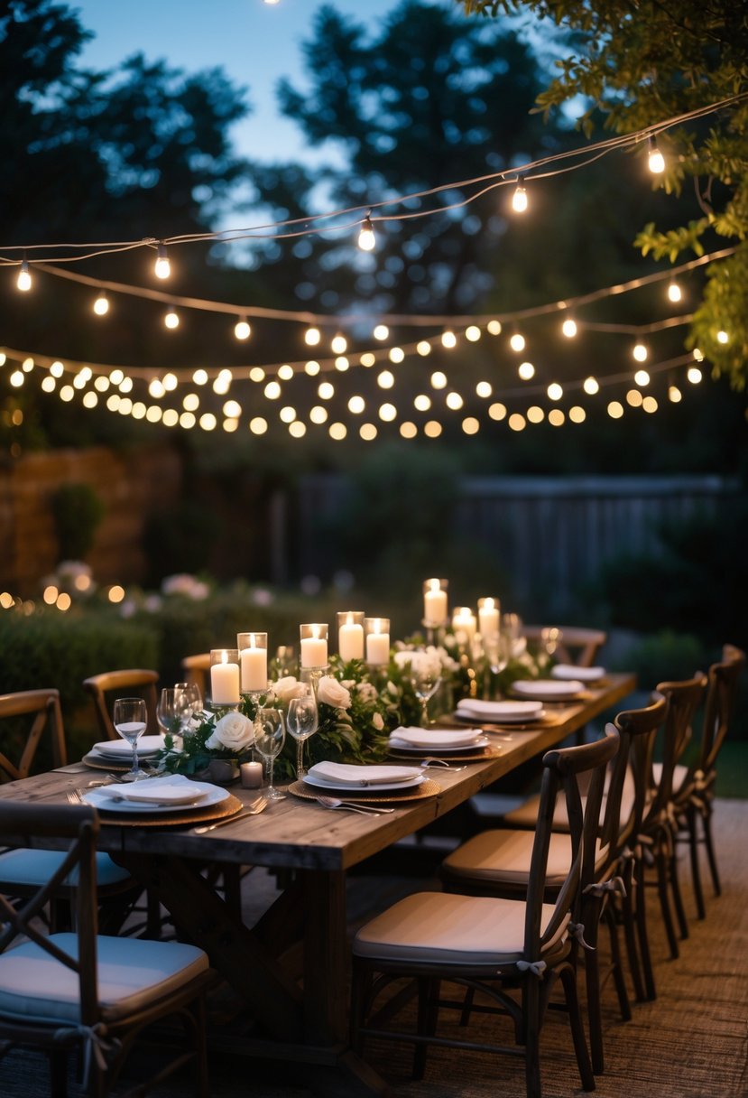 A backyard dinner table set with candles and fairy lights surrounded by chairs in a garden at dusk.