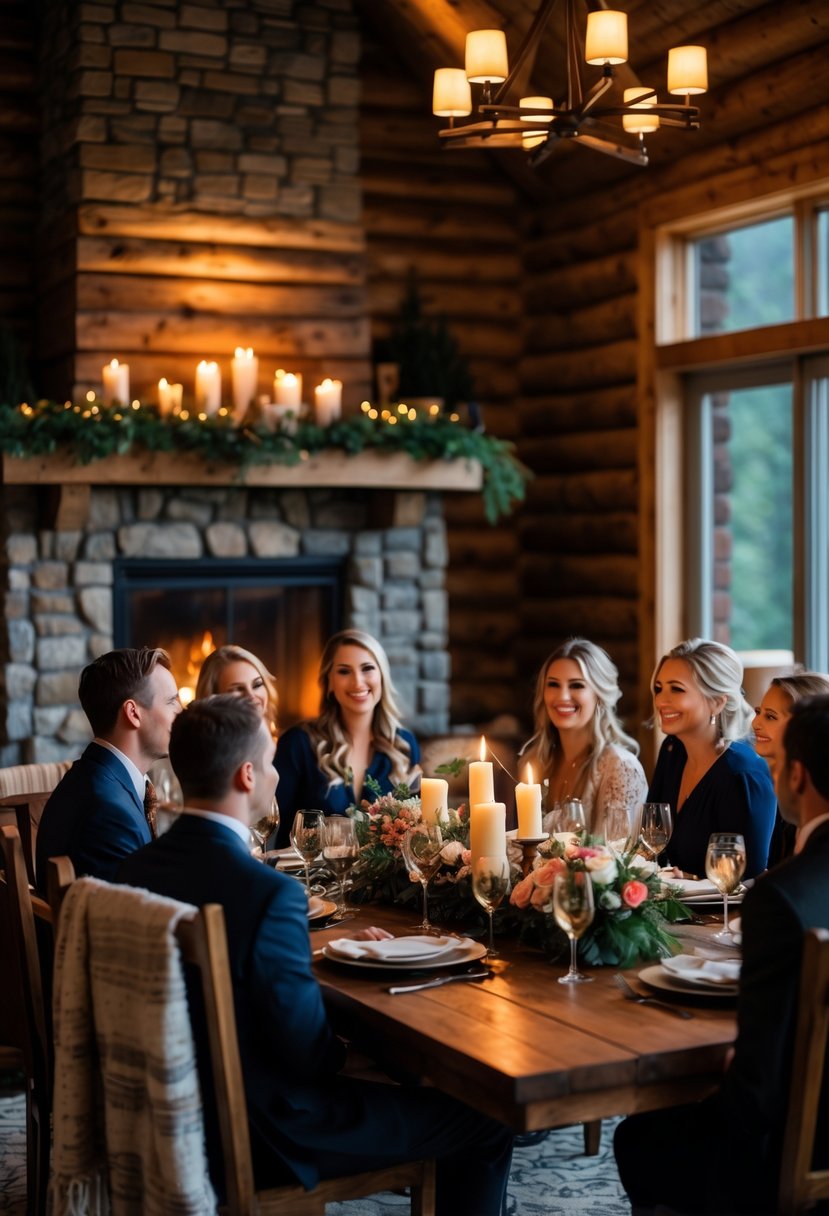 A small group of people gathered around a dining table near a fireplace inside a cozy cabin.
