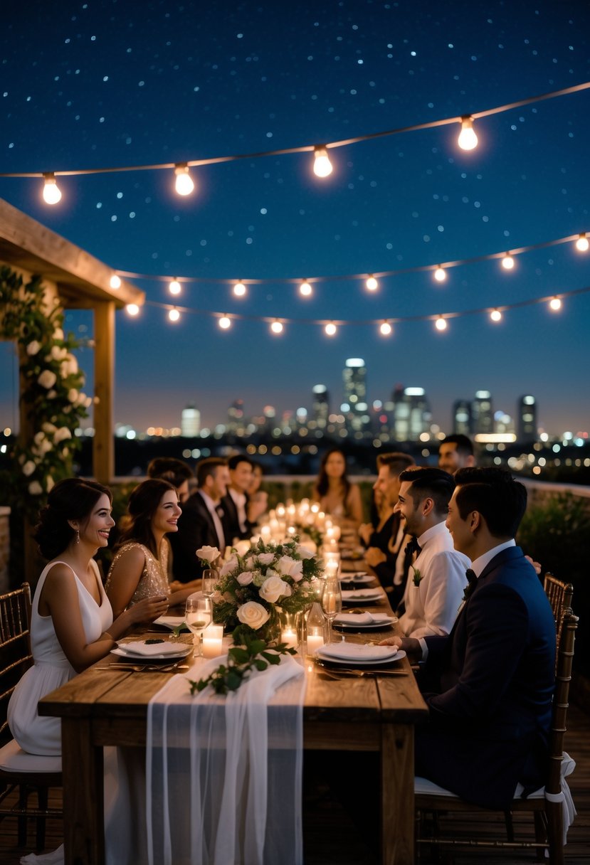 A small group of people enjoying an intimate dinner on a rooftop at night with candles, flowers, and string lights under a starry sky.