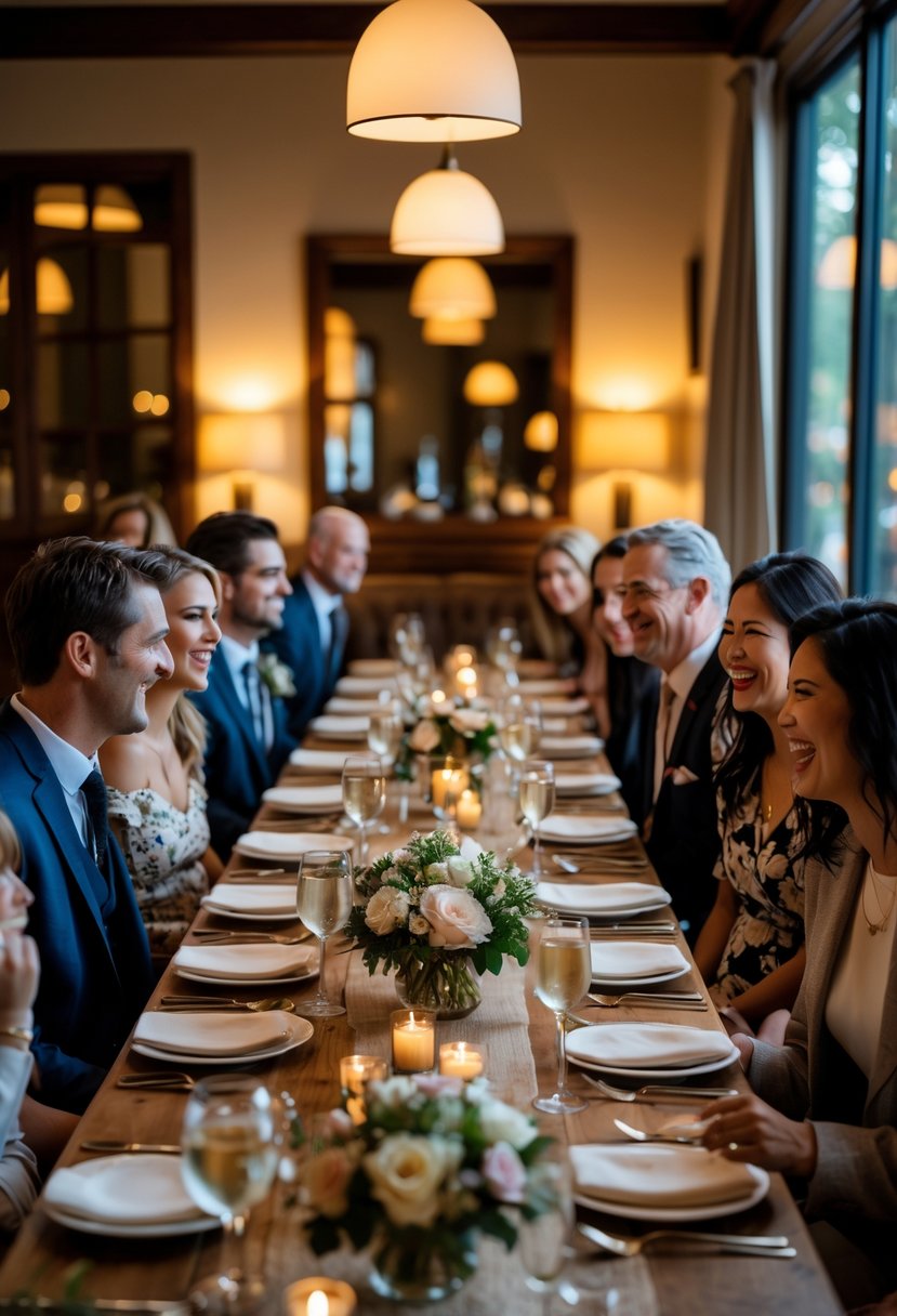 A small group of people enjoying a warm, intimate dinner in a private room of a local restaurant, with a beautifully set table and soft lighting.
