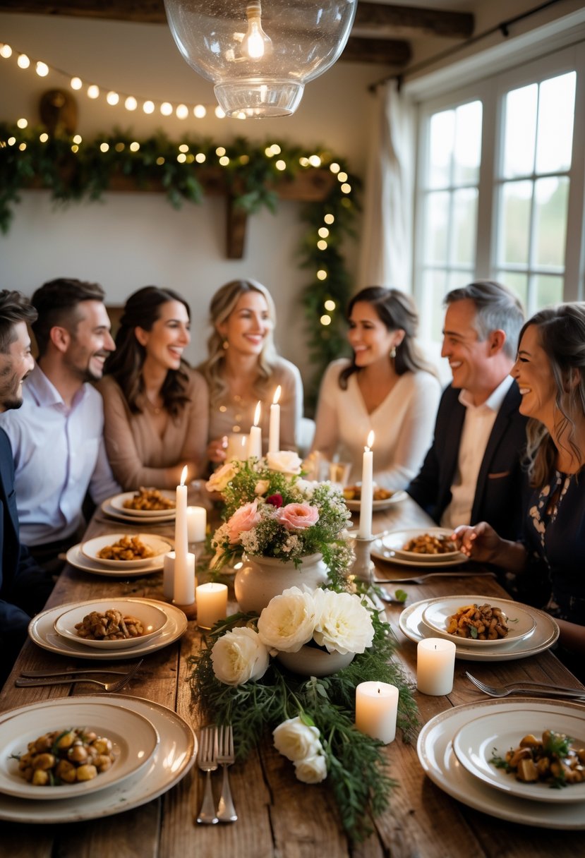 A small group of people enjoying a home-cooked meal together at a warmly lit dining table with candles and flowers.
