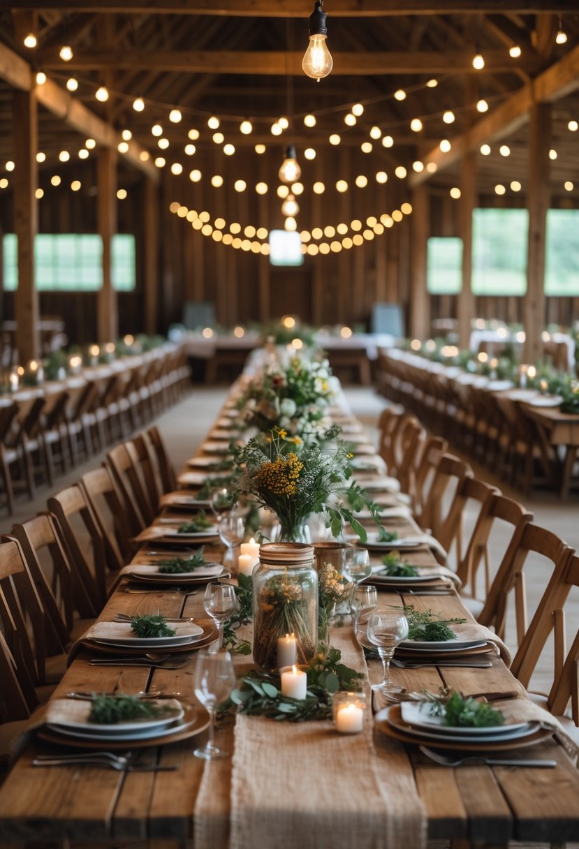 Interior of a wooden barn set up for a wedding rehearsal dinner with decorated tables, candles, flowers, and warm lighting.