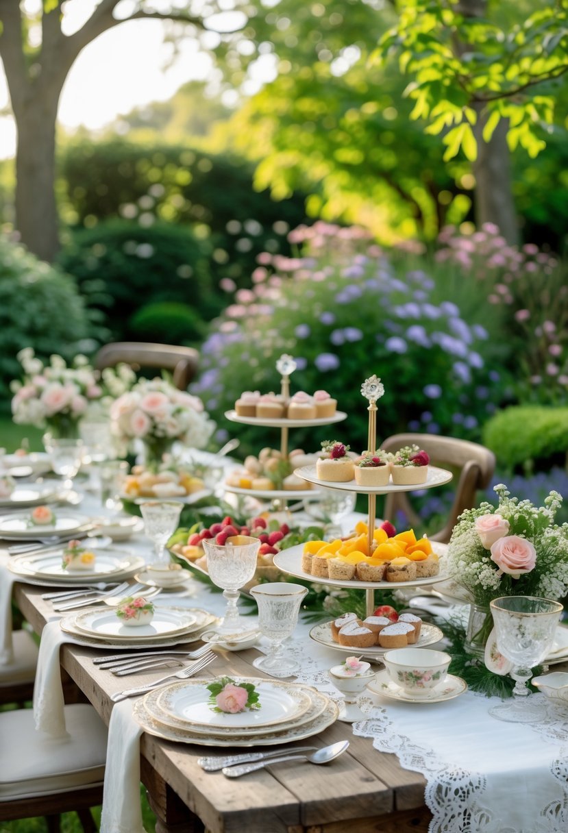 Outdoor garden tea party setup with finger foods and floral decorations for a small wedding rehearsal dinner.