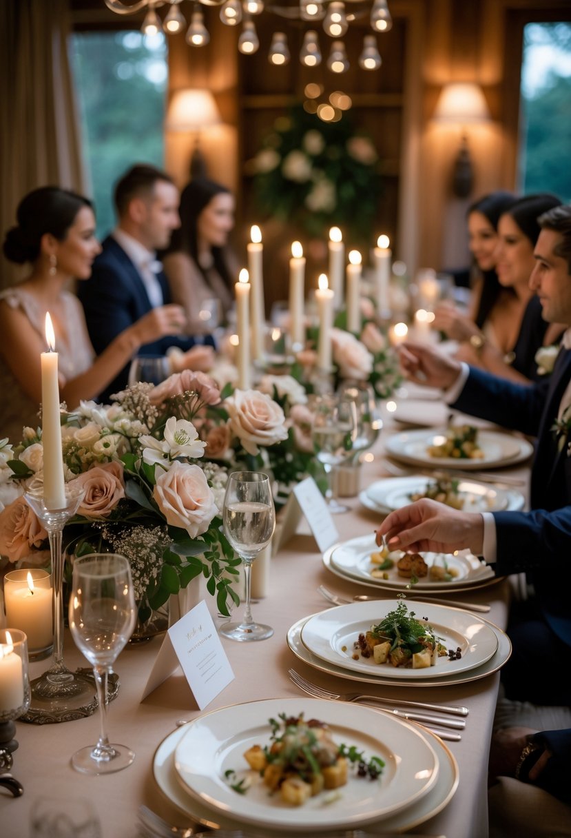 An intimate dining table set for a wedding rehearsal dinner with elegant tableware, floral centerpieces, candles, and guests enjoying a personalized menu tasting.