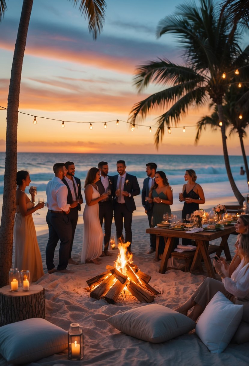 People gathered around a bonfire on a beach at sunset, with string lights overhead and the ocean in the background.