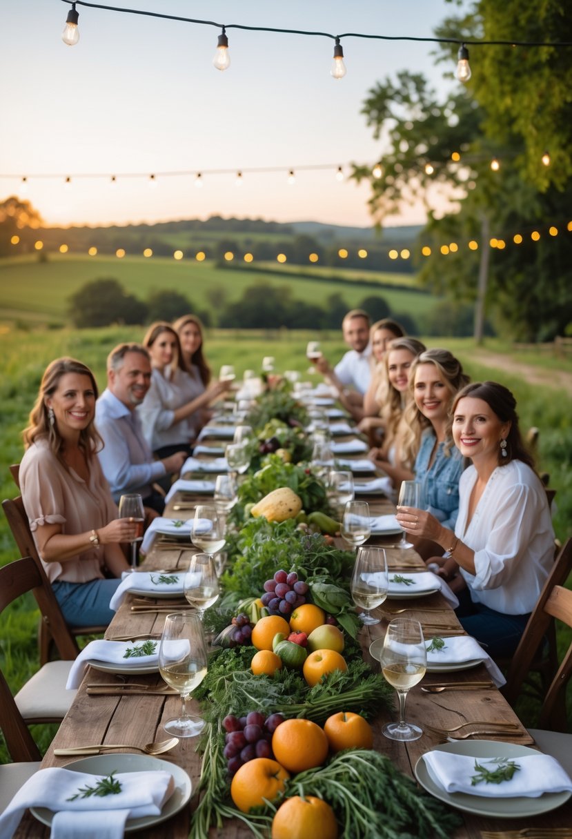 An outdoor rustic dinner table set with fresh fruits, vegetables, and elegant tableware, surrounded by guests enjoying a farm-to-table wedding rehearsal dinner.