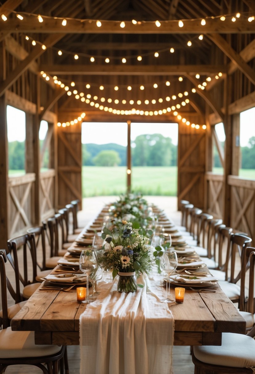 A rustic barn interior set up with a long wooden table decorated for a dinner, illuminated by hanging fairy lights.