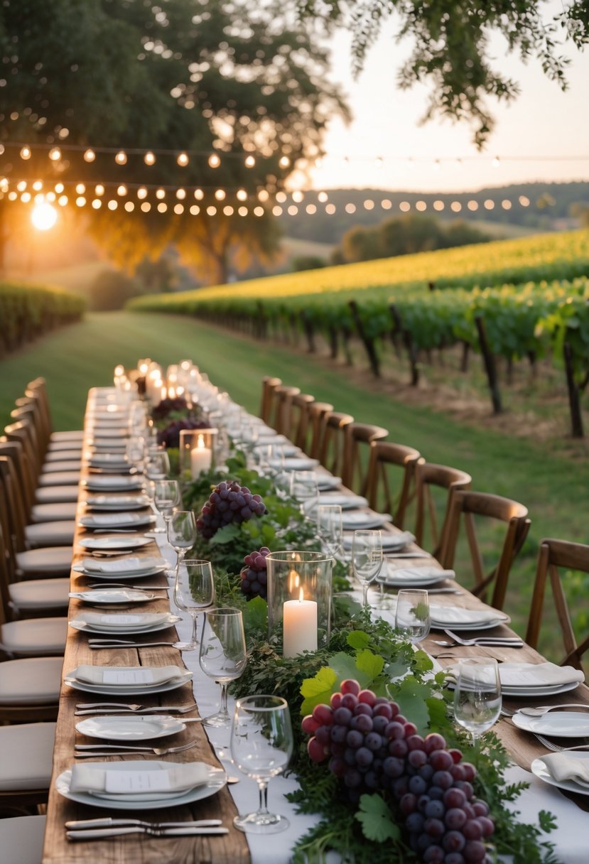 An outdoor vineyard dinner table set with white linens, greenery, grapes, candles, and wine glasses, surrounded by grapevines and hills at sunset.