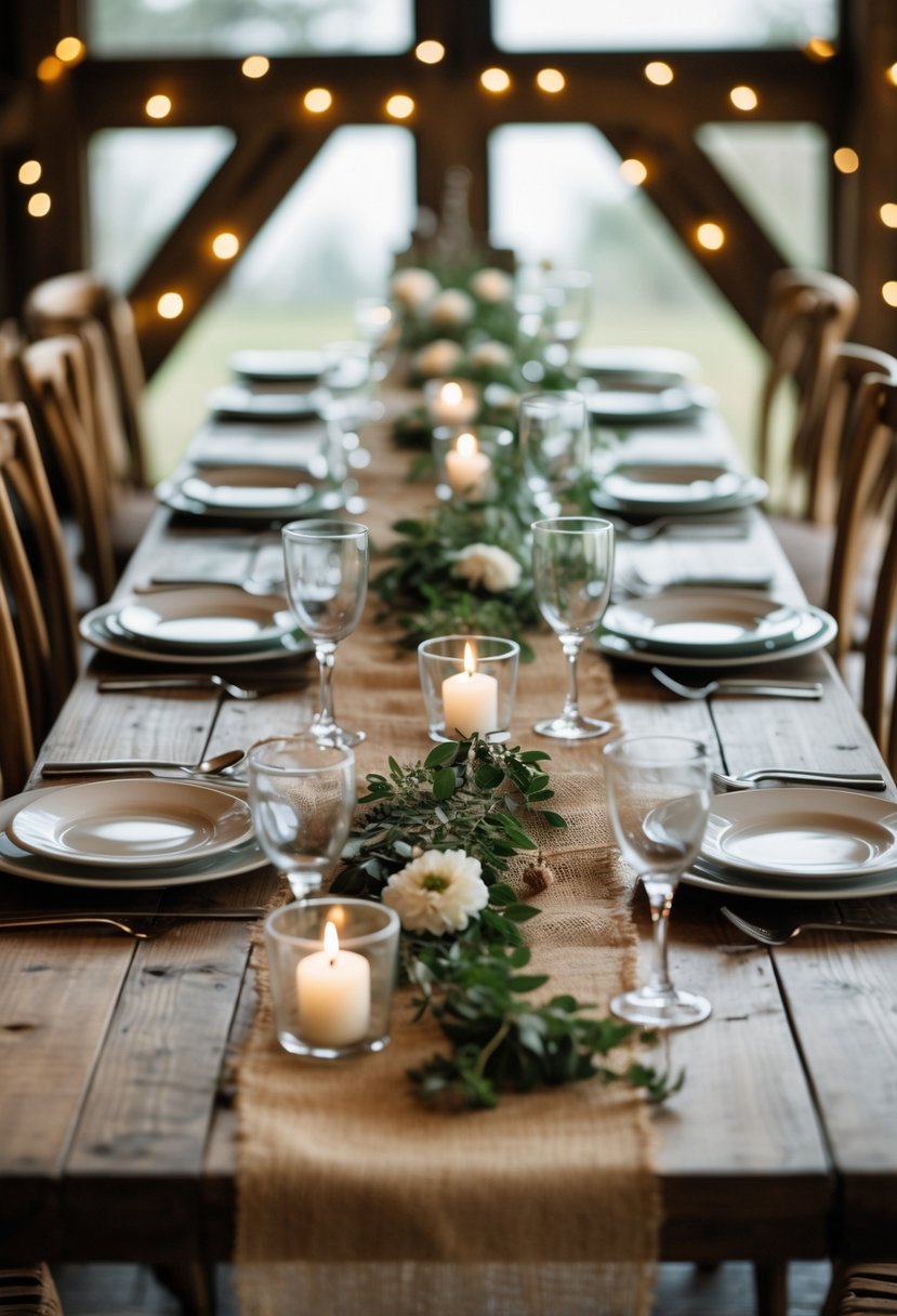 Long wooden dining table with burlap runners set for a wedding rehearsal dinner, featuring plates, glassware, candles, and wooden chairs.