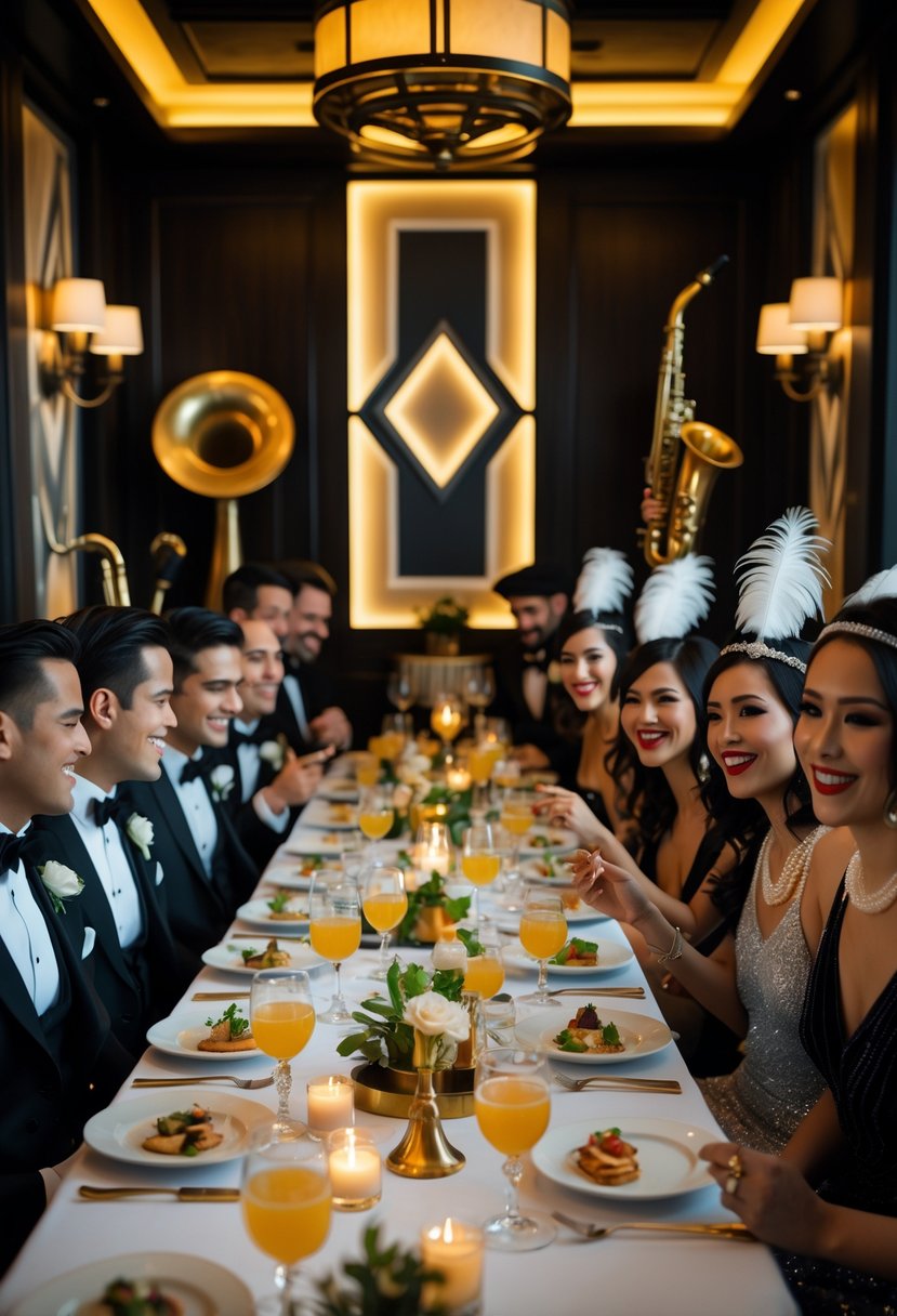 Guests dressed in formal attire sit around a long table set with candles, glassware, and appetizers in a warmly lit room decorated with vintage jazz instruments and art deco elements.