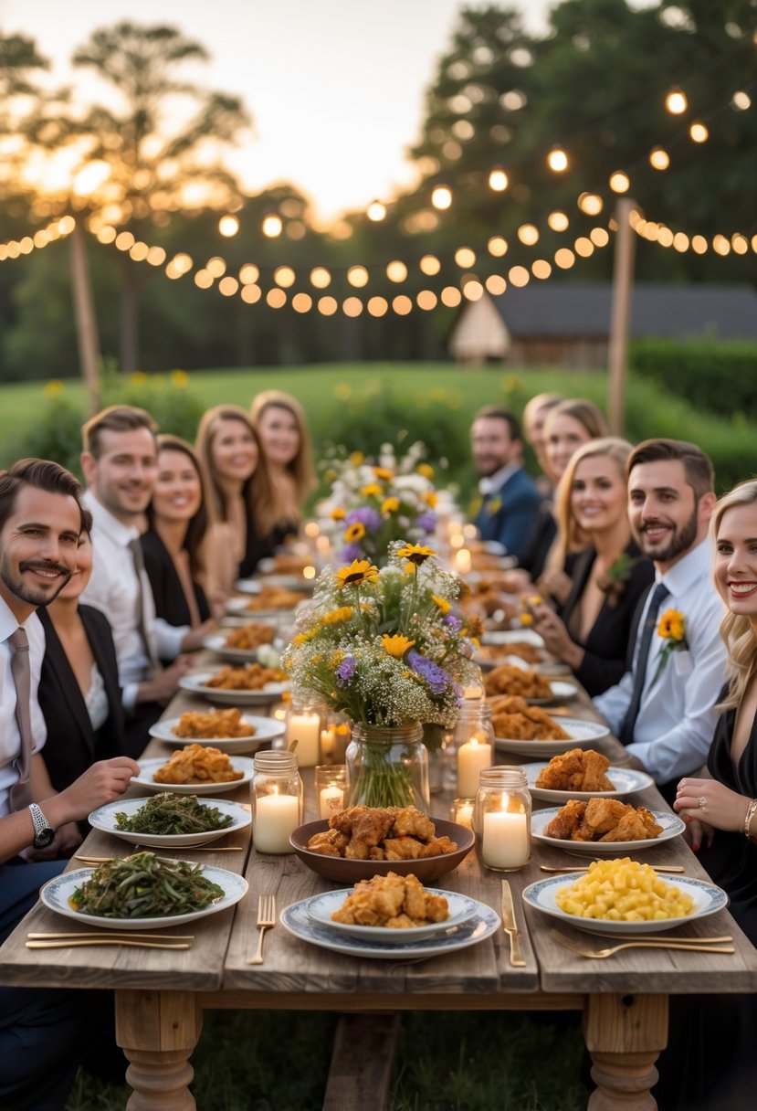 An outdoor wedding rehearsal dinner with guests enjoying a Southern-style feast around a rustic wooden table decorated with flowers and candles.